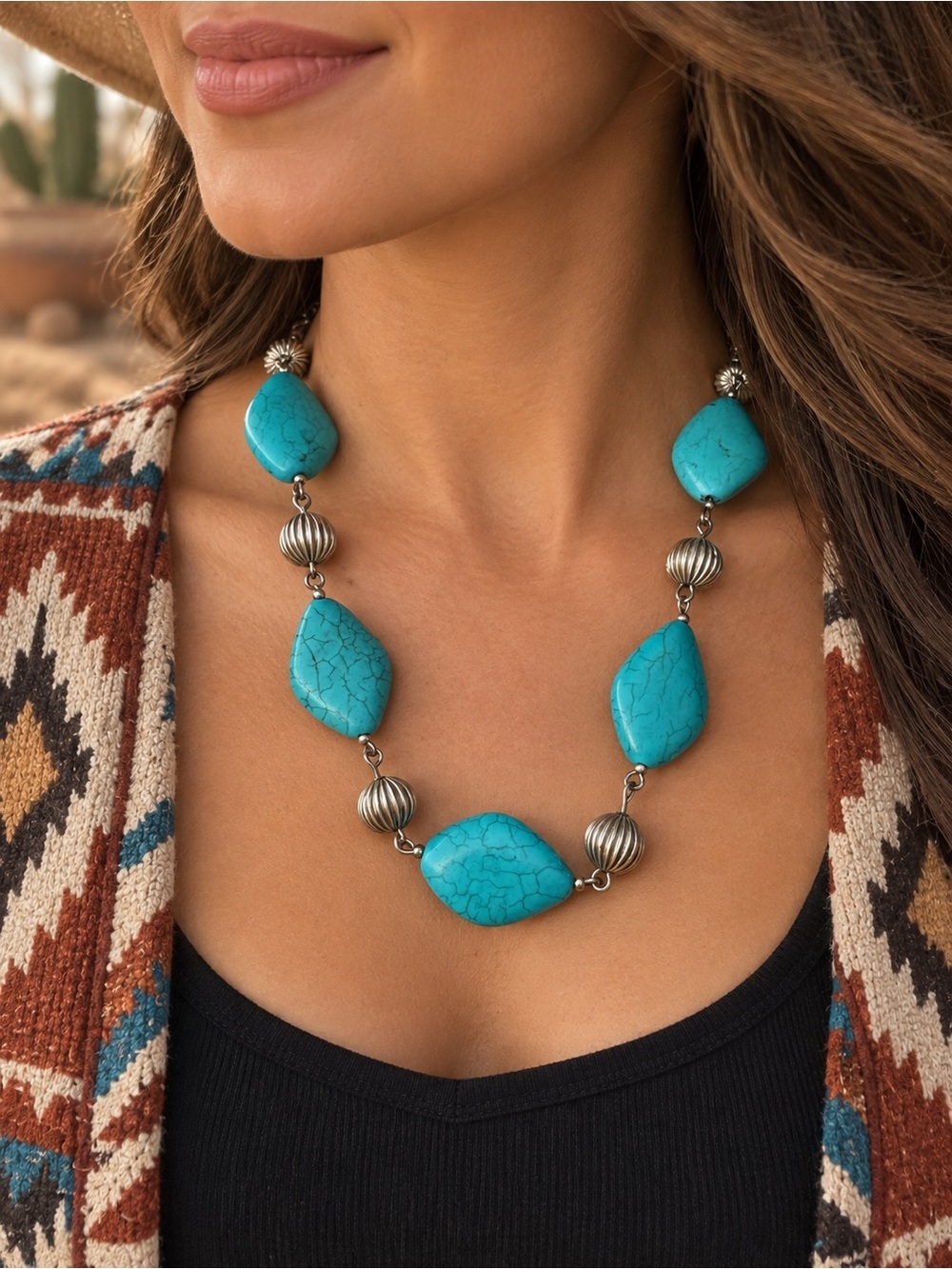 Southwestern Faux Turquoise Statement Necklace w/ Silver Accents PRETTY